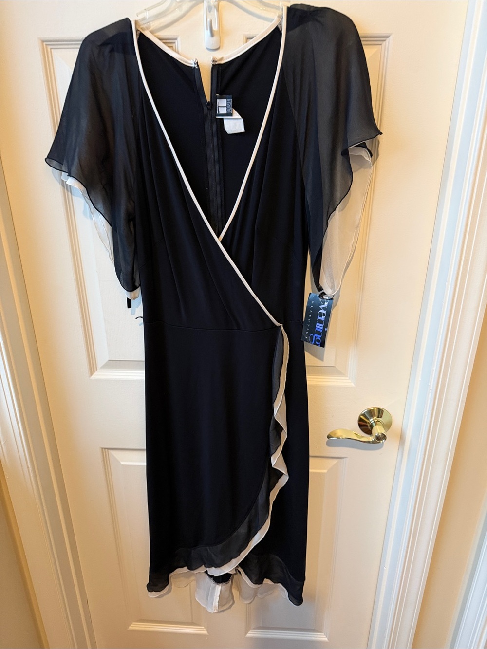 Tadashi Shoji Black Midi Dress with White Trim and Sheer Flutter Sleeves